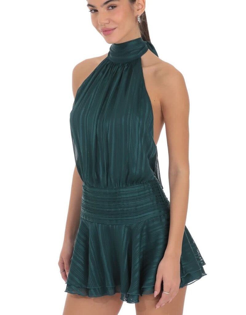 Lucy In The Sky Shimmer Mock Neck Halter Mini Dress