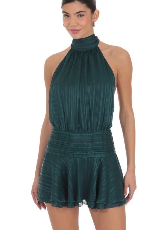 Lucy In The Sky Shimmer Mock Neck Halter Mini Dress