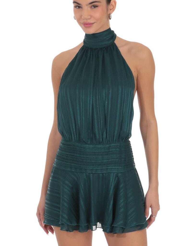 Lucy In The Sky Shimmer Mock Neck Halter Mini Dress