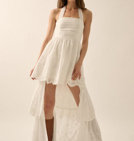 Eyelet Lace Halter High Low Tiered Maxi Dress