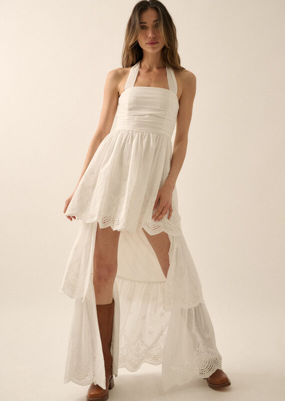 Eyelet Lace Halter High Low Tiered Maxi Dress