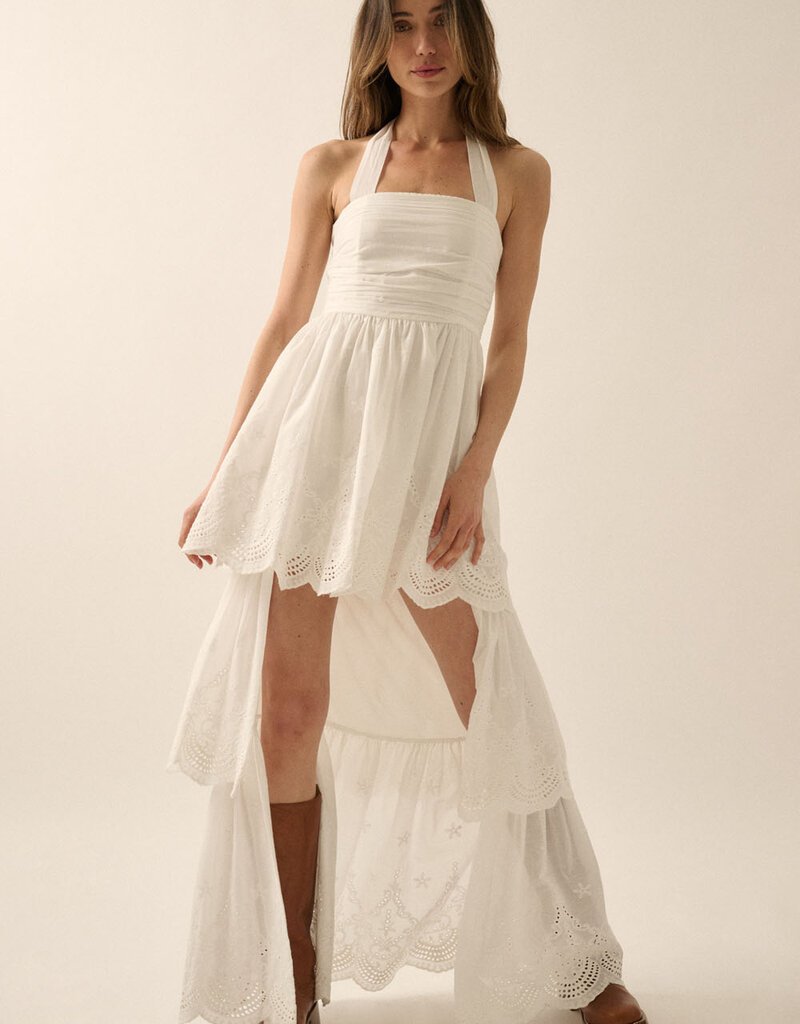 Eyelet Lace Halter High Low Tiered Maxi Dress