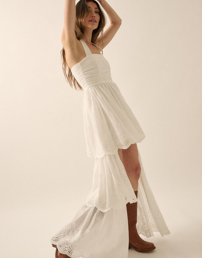 Eyelet Lace Halter High Low Tiered Maxi Dress