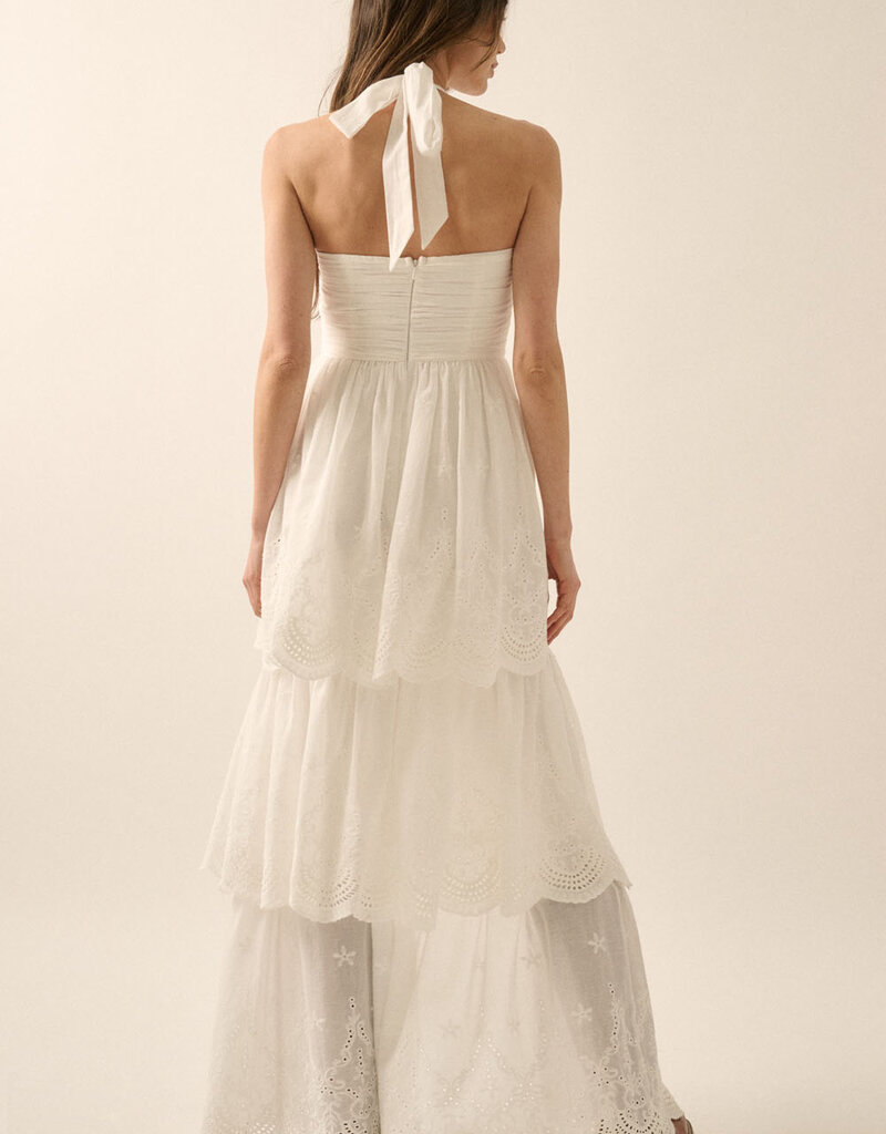 Eyelet Lace Halter High Low Tiered Maxi Dress