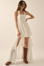 Eyelet Lace Halter High Low Tiered Maxi Dress