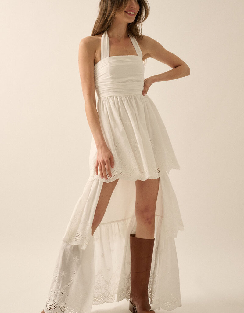 Eyelet Lace Halter High Low Tiered Maxi Dress