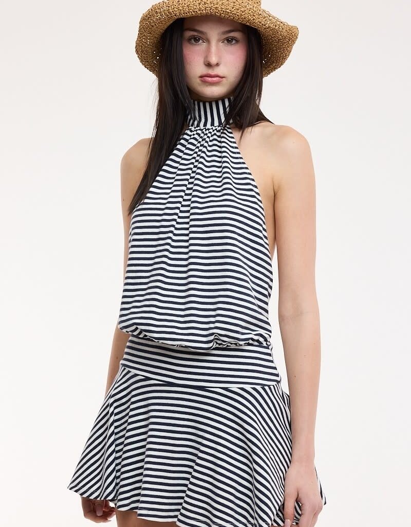Narrow Stripe Halter Backless Mini Dress