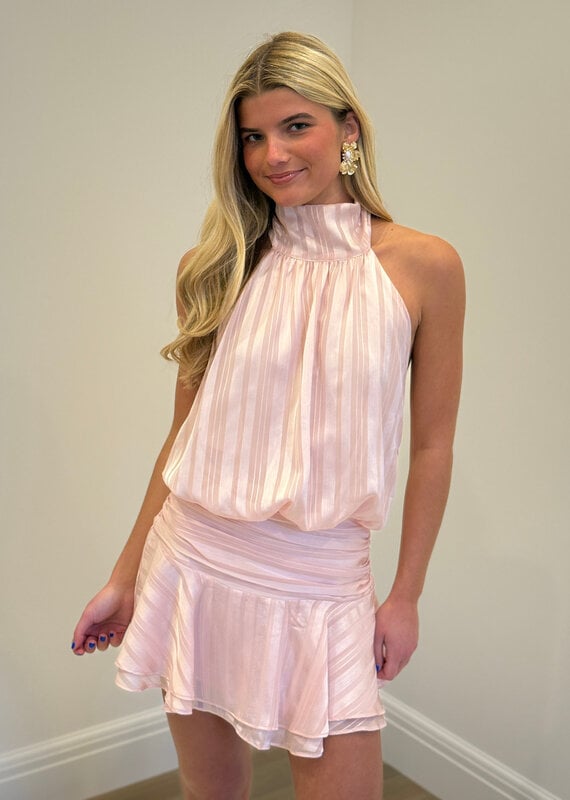 Striped Tonal Chiffon Halter Open Back Mini Dress