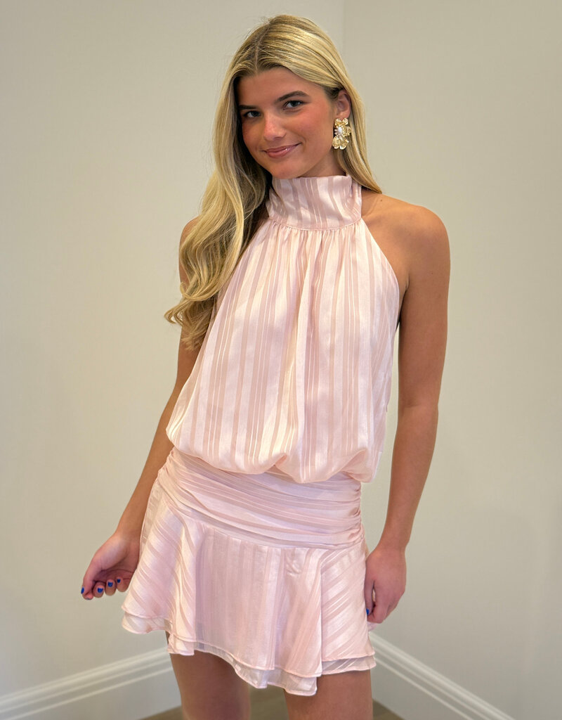 Striped Tonal Chiffon Halter Open Back Mini Dress