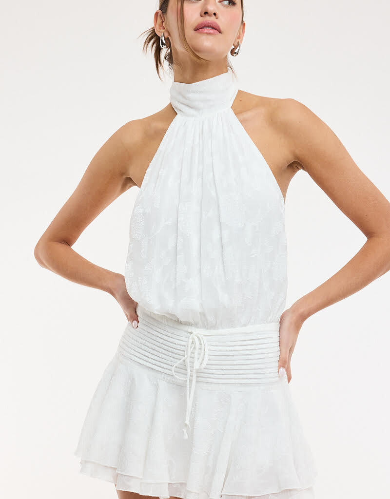 Floral Embossed Waist Tie Backless Mini Dress