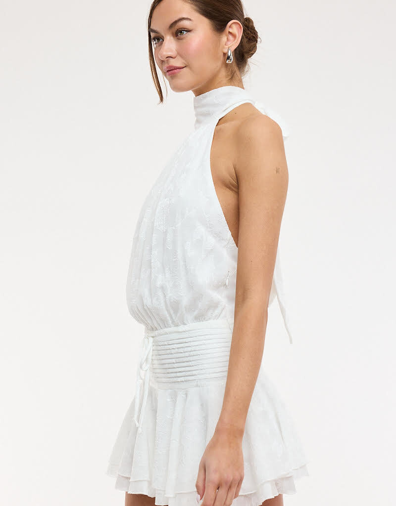 Floral Embossed Waist Tie Backless Mini Dress