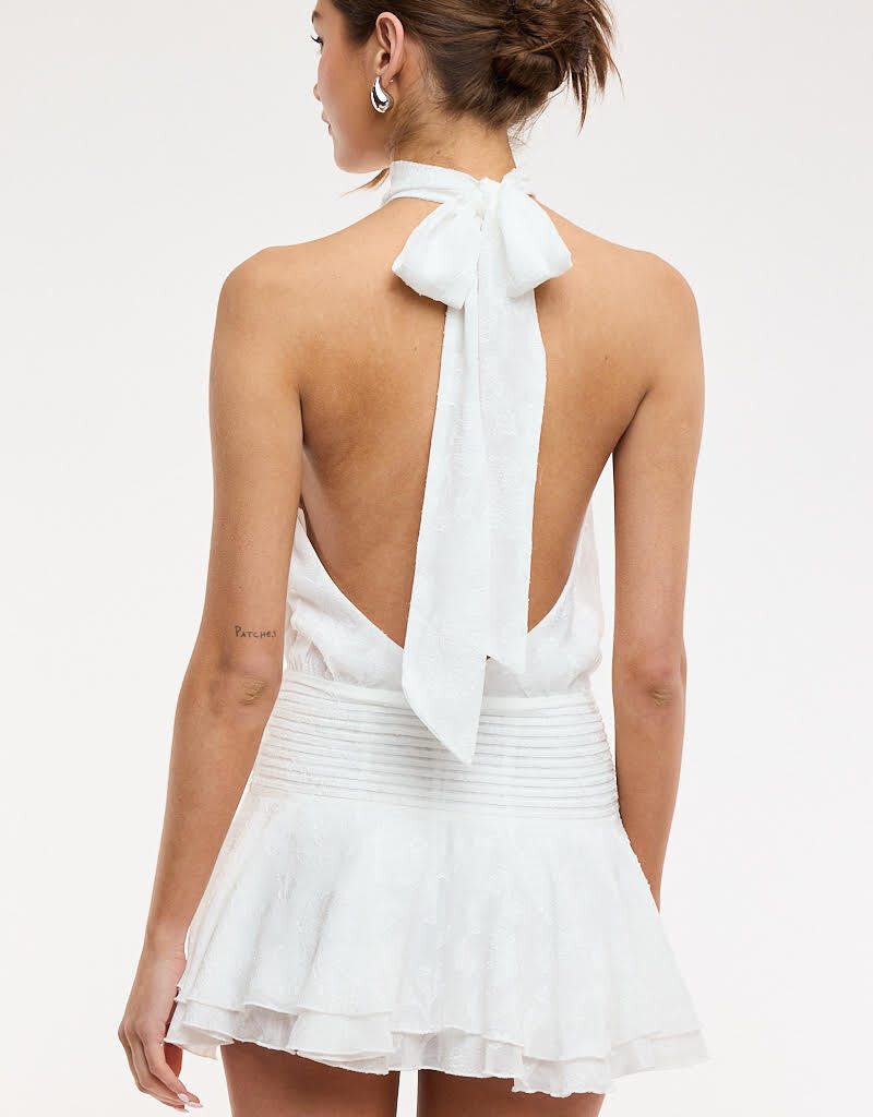 Floral Embossed Waist Tie Backless Mini Dress