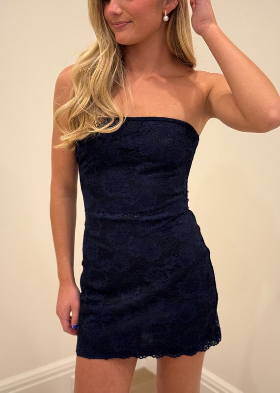 Lucy In The Sky Strapless Lace Back Bow Mini Dress