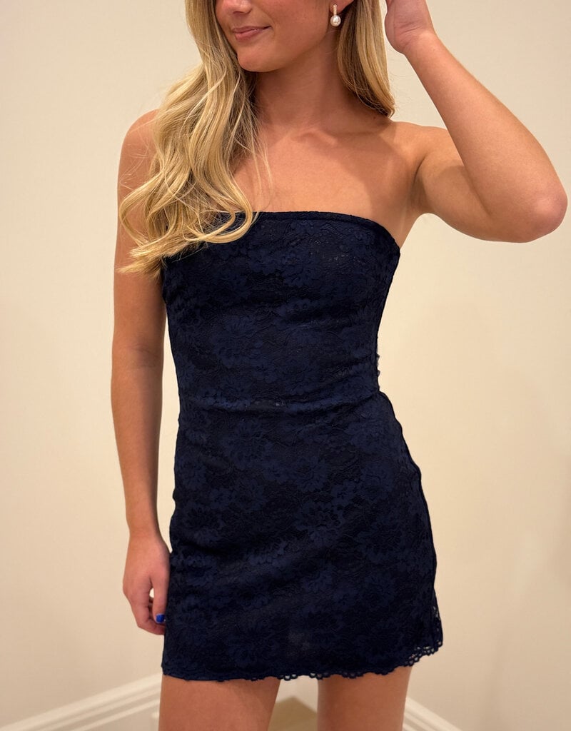 Lucy In The Sky Strapless Lace Back Bow Mini Dress