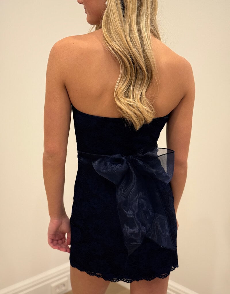 Lucy In The Sky Strapless Lace Back Bow Mini Dress