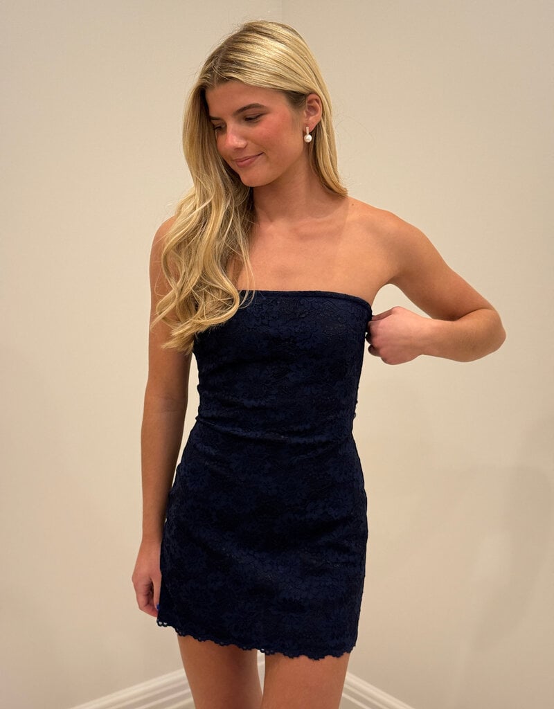 Lucy In The Sky Strapless Lace Back Bow Mini Dress