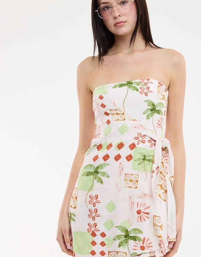 Palm Tree Strapless Wrap Mini Dress