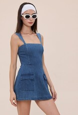 Denim Double Pocket Square Neck Mini Dress