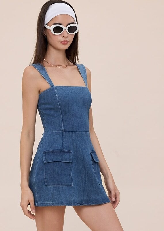 Denim Double Pocket Square Neck Mini Dress
