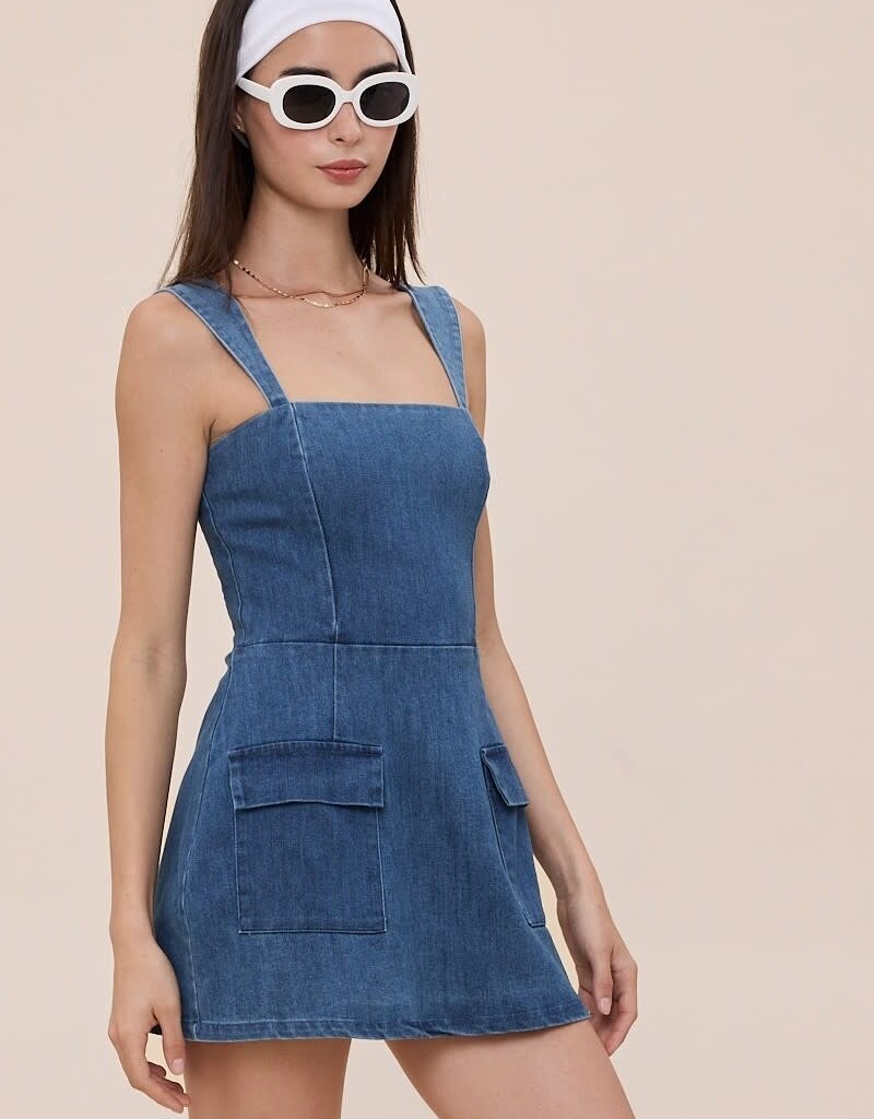 Denim Double Pocket Square Neck Mini Dress