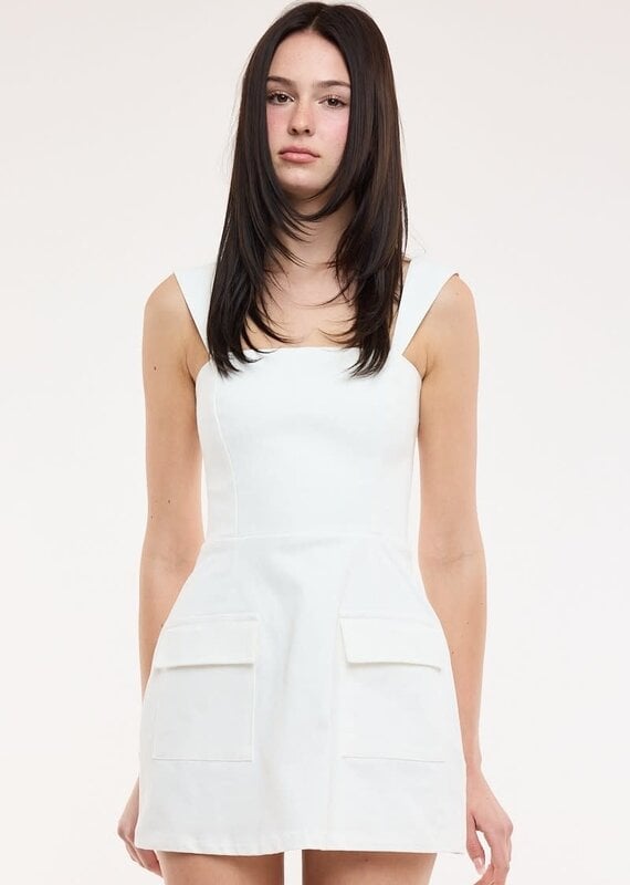 Denim Double Pocket Square Neck Mini Dress