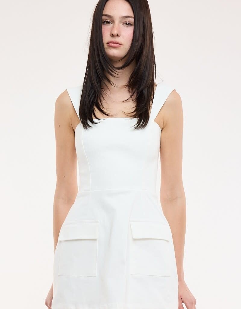 Denim Double Pocket Square Neck Mini Dress