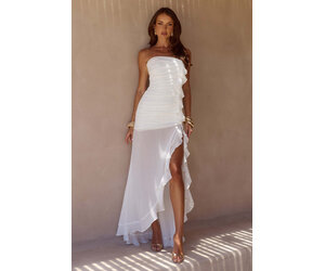 white strapless ruffle dress Pleated Charmeuse Tiered Gown shoulder neckline adds a touch of sophistication Strapless Ruffle Mini Dress