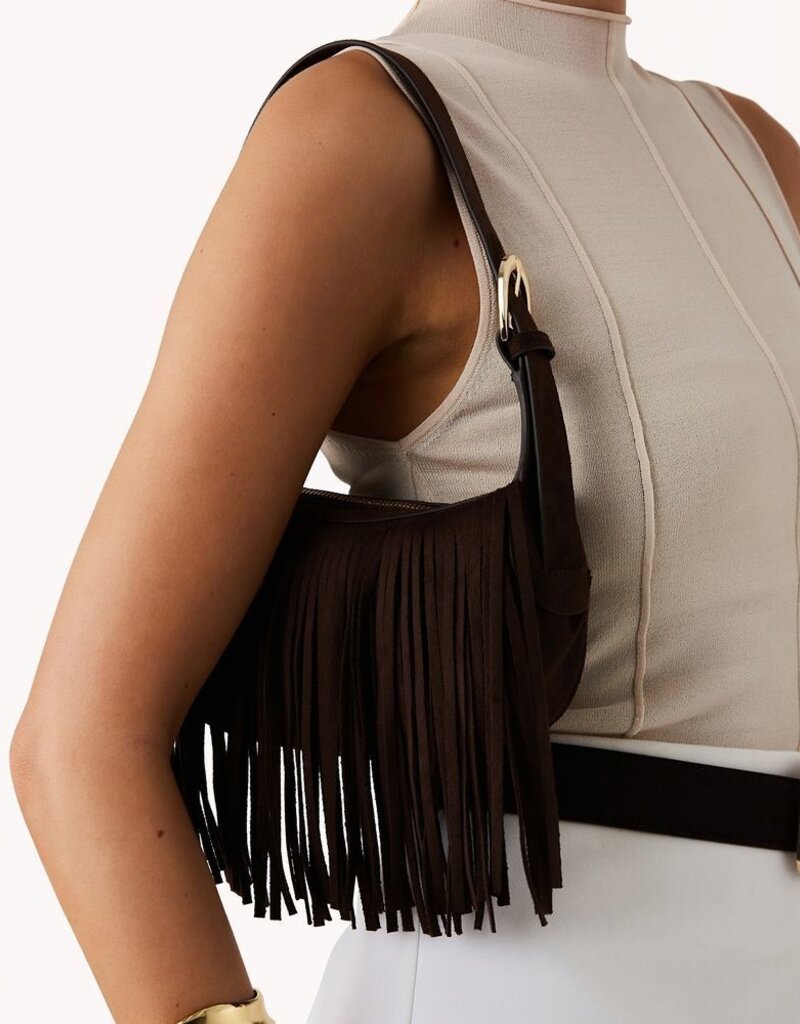 Billini Quinn Fringe Faux Suede Shoulder Bag Dark Cacao Suede