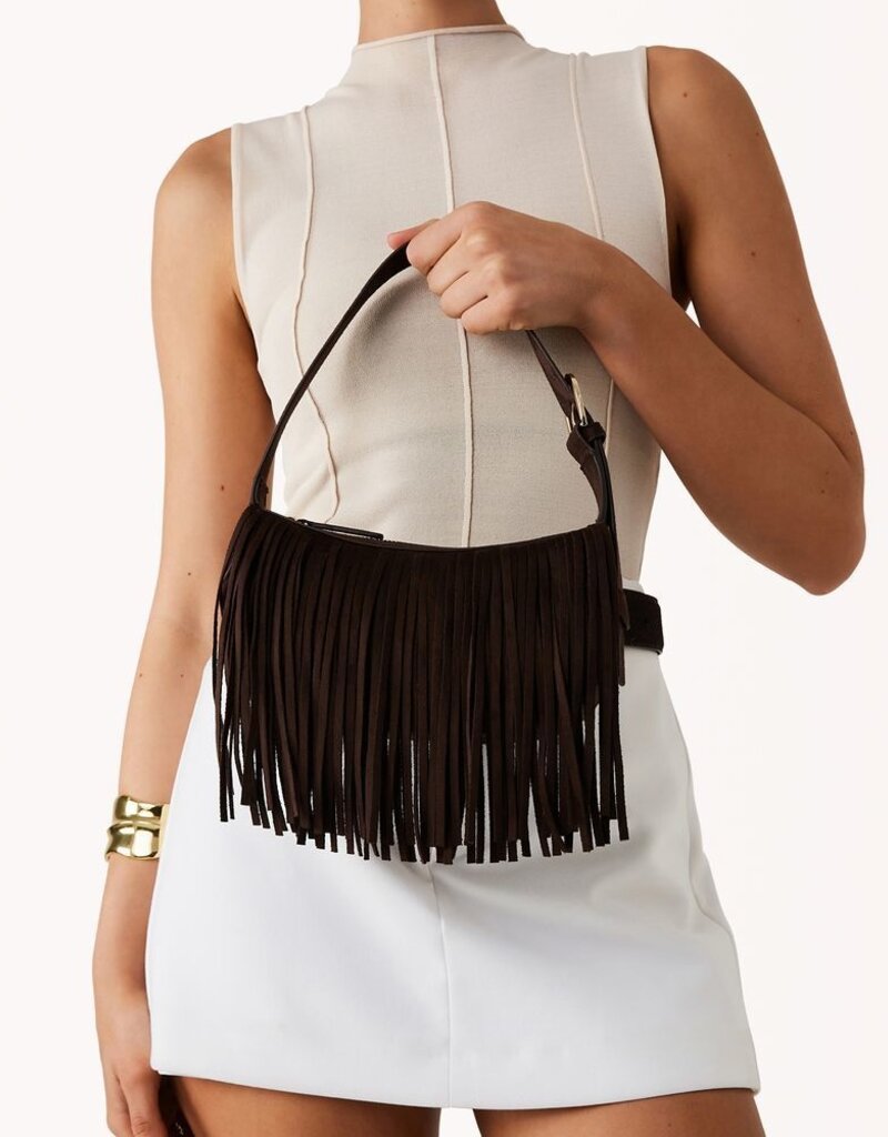 Billini Quinn Fringe Faux Suede Shoulder Bag Dark Cacao Suede