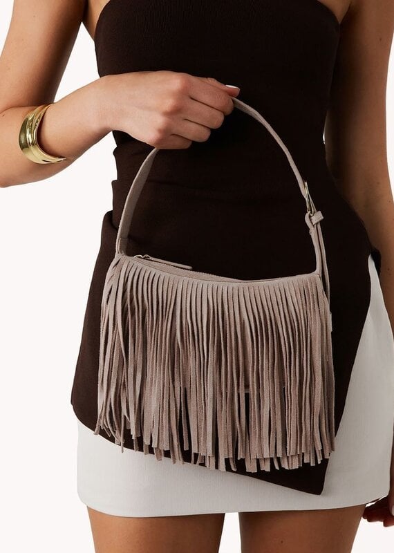 Billini Quinn Fringe Faux Suede Shoulder Bag Light Beige Suede
