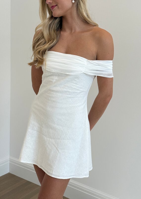 Linen Off The Shoulder Back Tie Mini Dress