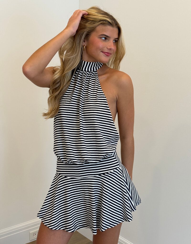 Narrow Stripe Halter Backless Mini Dress