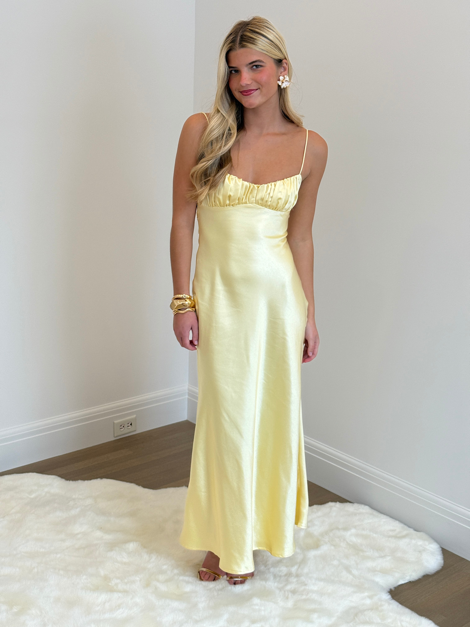 yellow satin ruched dress Ruched Yellow Satin Dress With Short Sleeves