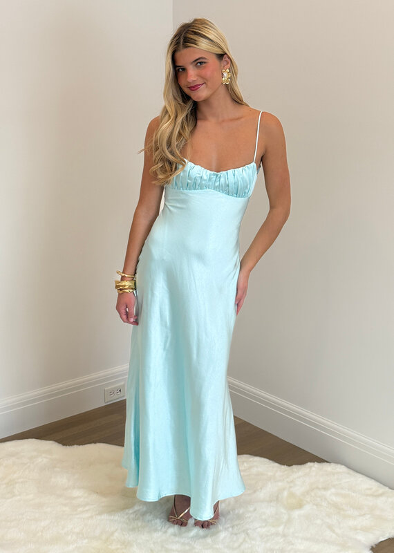 Satin Ruched Bust Twist Back Maxi Dress