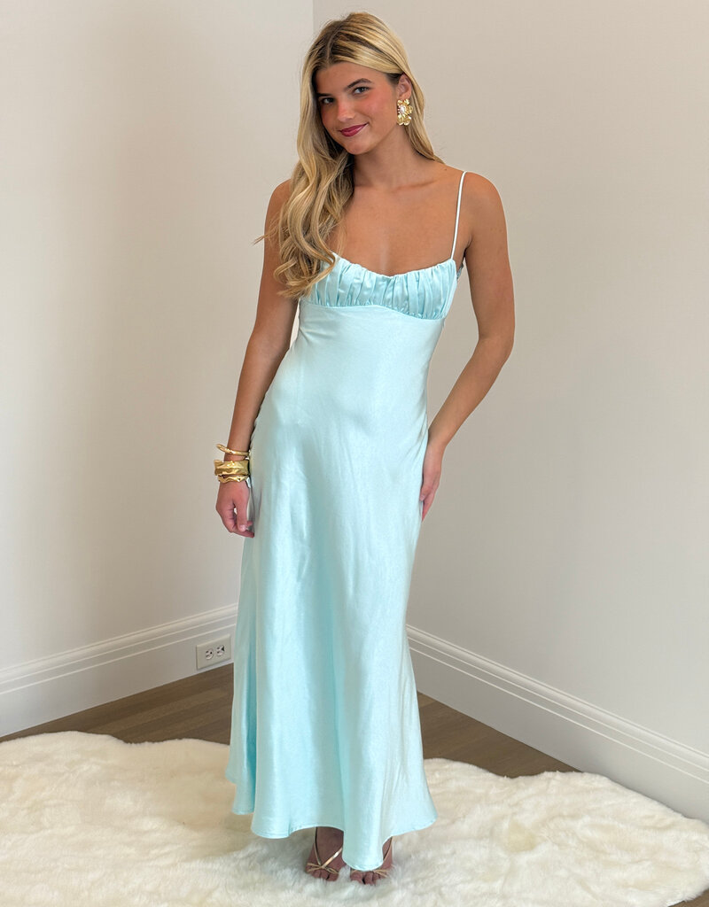 Satin Ruched Bust Twist Back Maxi Dress