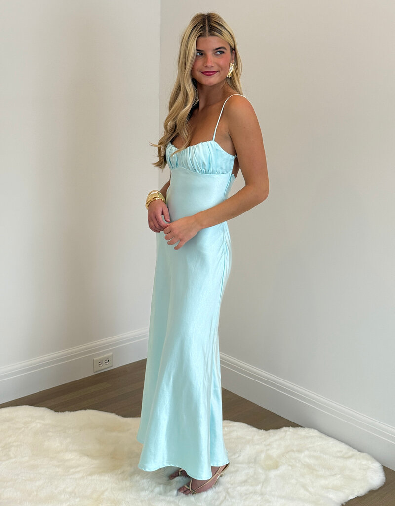 Satin Ruched Bust Twist Back Maxi Dress