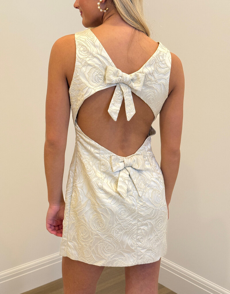 Floral Jacquard Open Bow Back Mini Dress