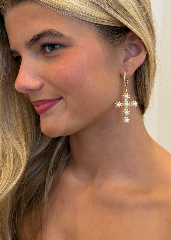 Pearl Cross Hoop Earrings
