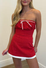 Bow Front Strapless Tonal Check Mini Dress