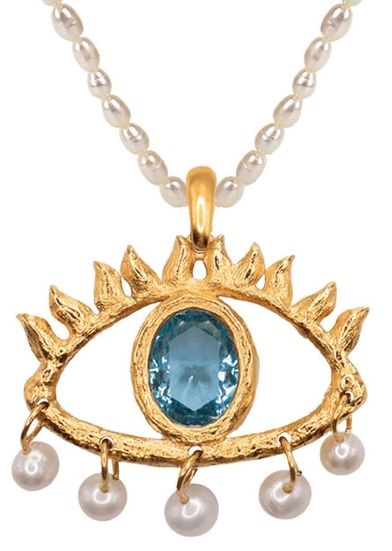 Pearl Evil Eye Charm Necklace Gold