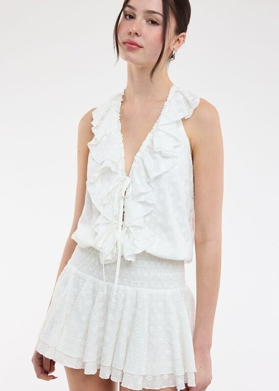 Eyelet Cascading Ruffle Layered Mini Dress