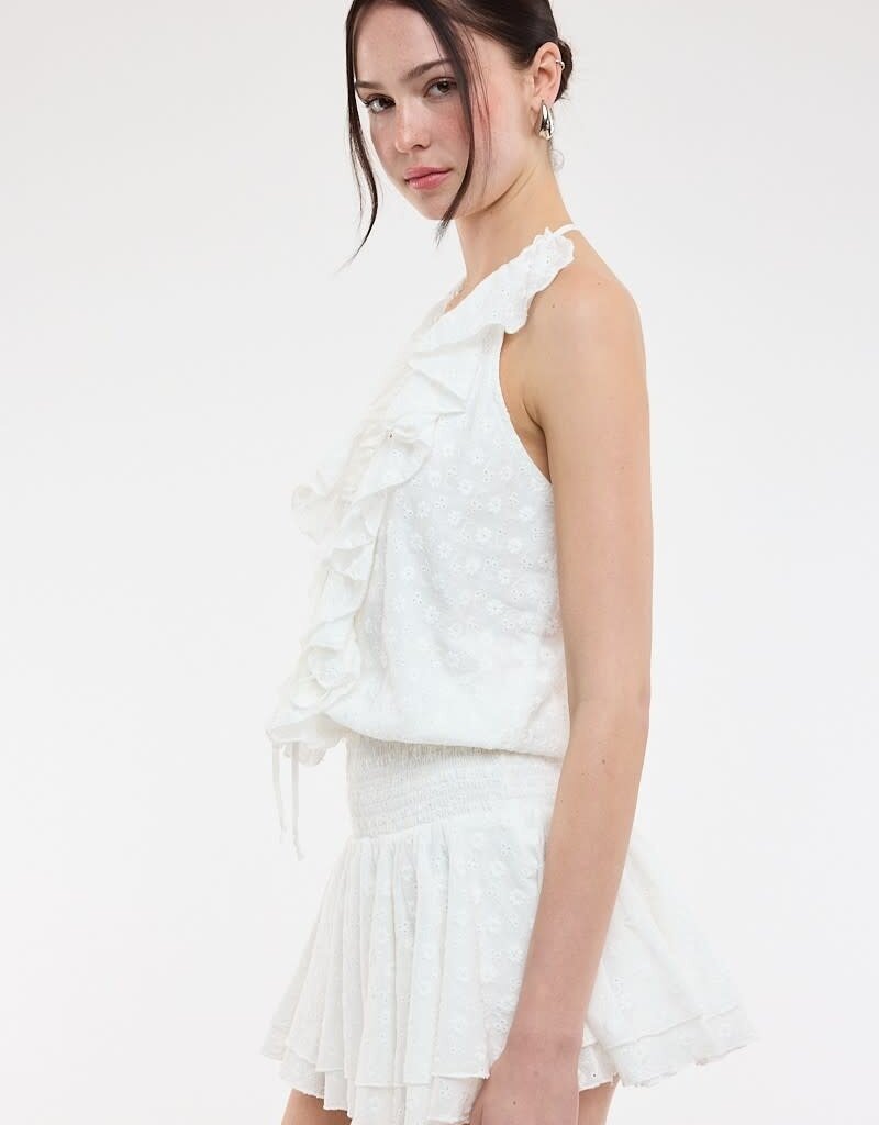 Eyelet Cascading Ruffle Layered Mini Dress