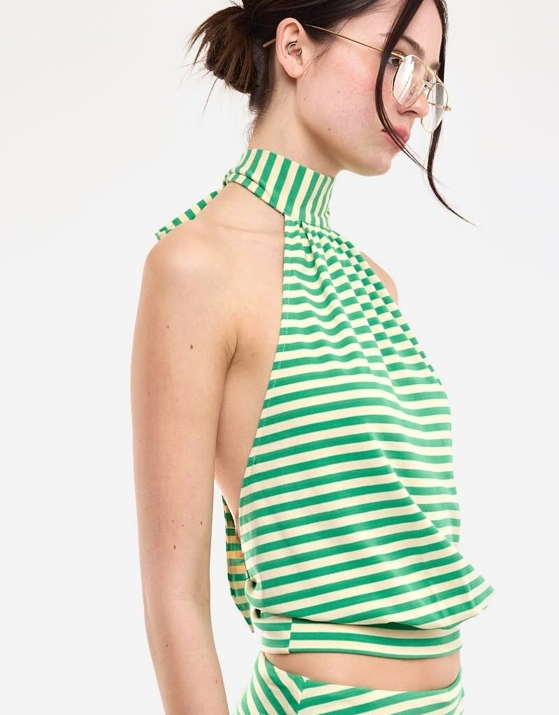 Valerie Striped Mock Neck Halter Backless Crop Top