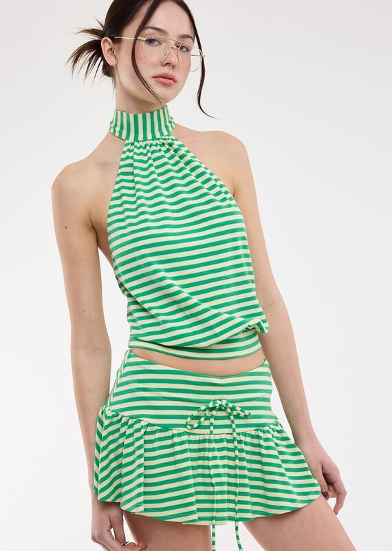 Valerie Striped Mock Neck Halter Backless Crop Top