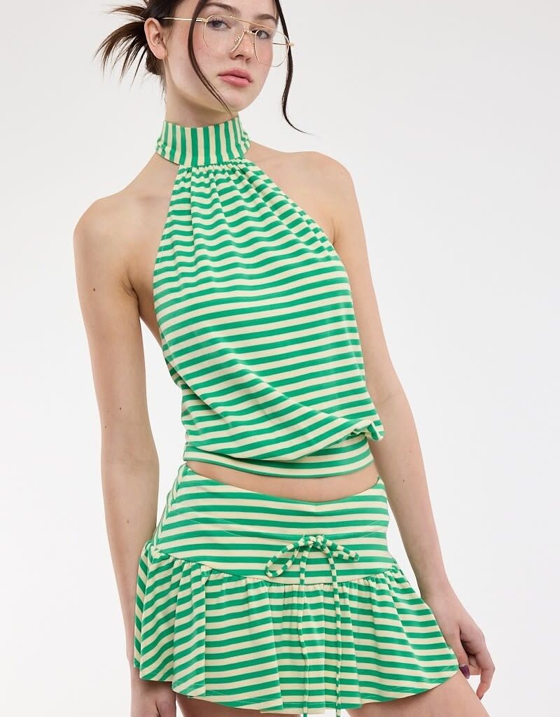 Valerie Striped Mock Neck Halter Backless Crop Top