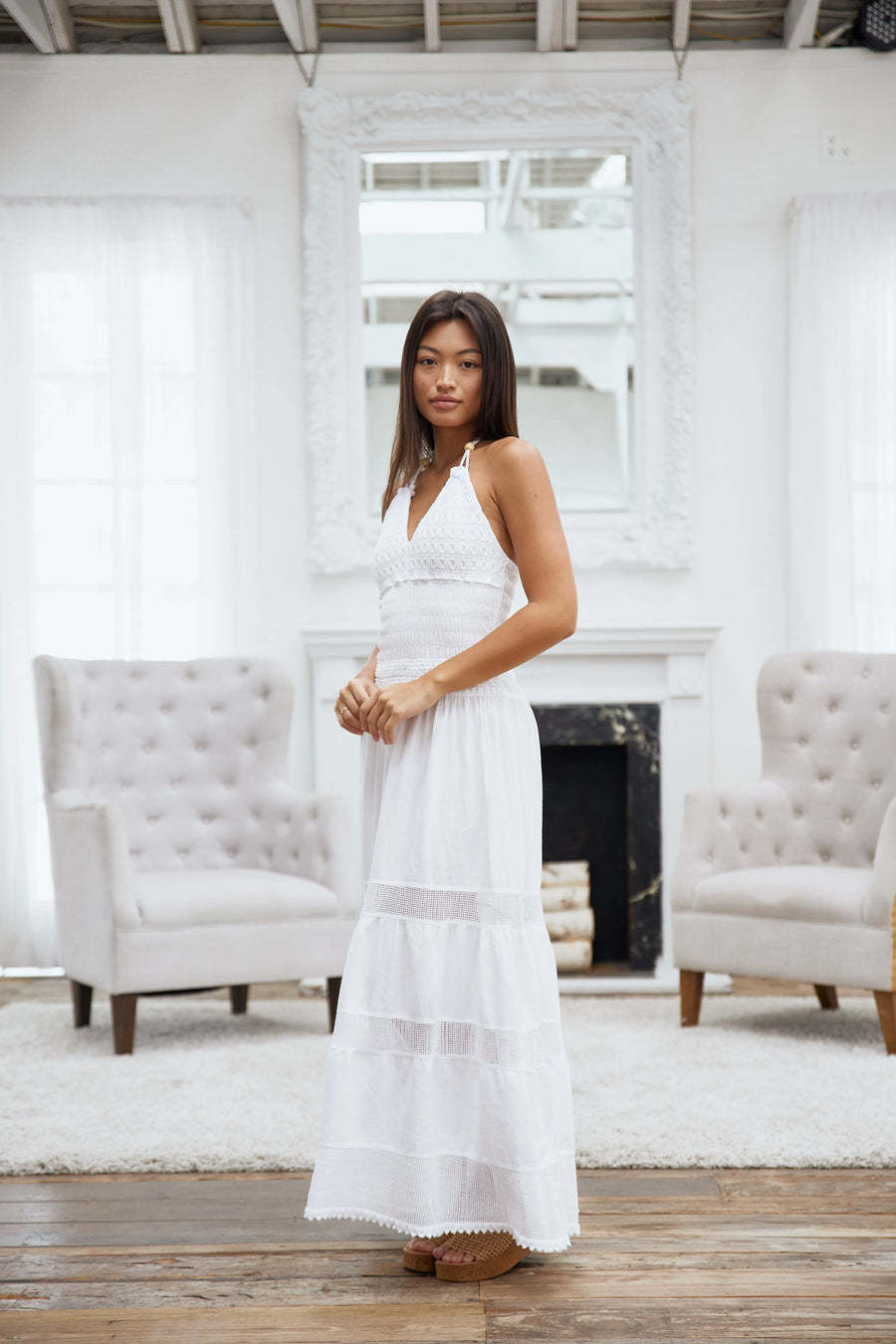 crochet beaded maxi dress Carolina Halter Bead and Crochet Detail Maxi Dress