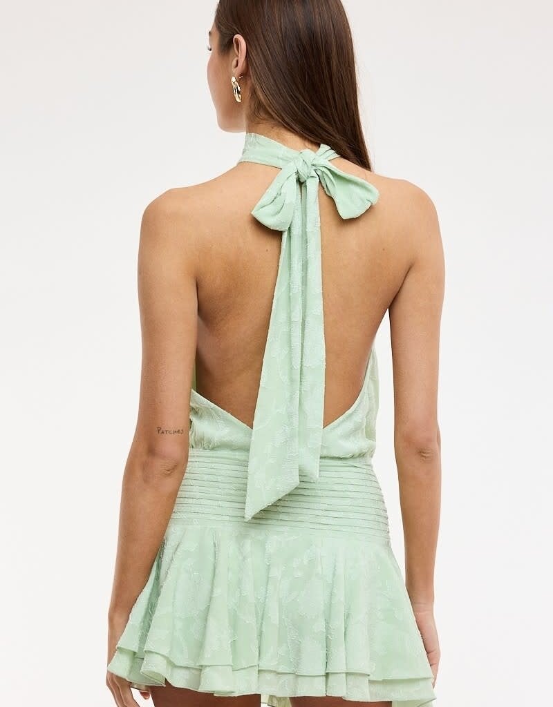 Floral Embossed Waist Tie Backless Mini Dress