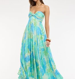 Tropical Leaf Accordian Ruffle Tube Maxi Dress
