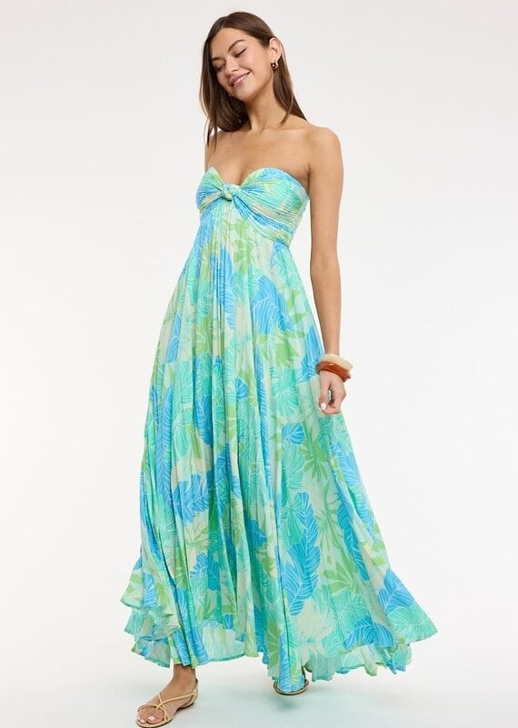 Tropical Leaf Accordian Ruffle Tube Maxi Dress