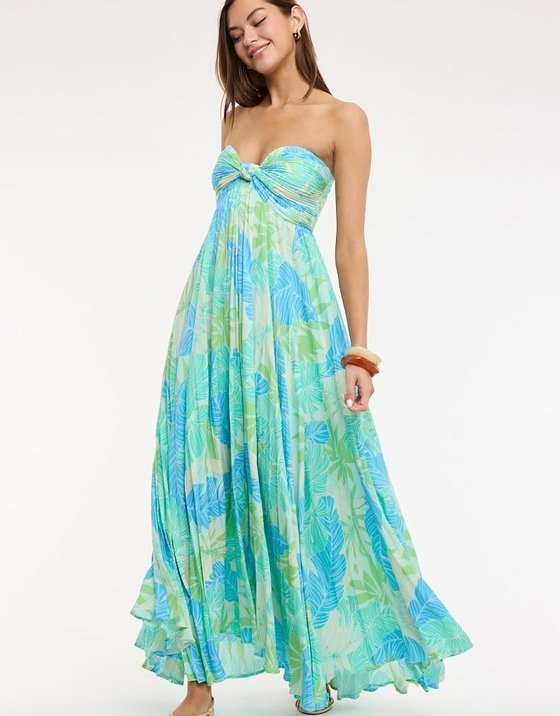 Tropical Leaf Accordian Ruffle Tube Maxi Dress